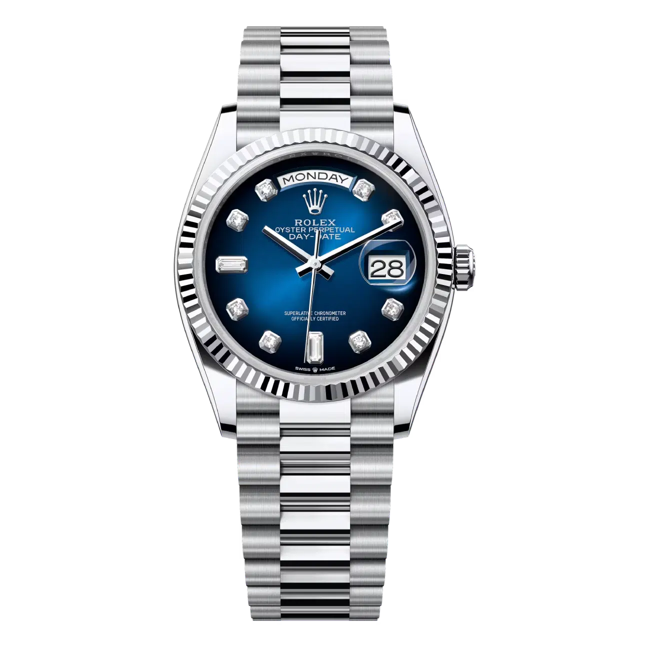 Rolex Day-Date 128236-0005 Platinum Blue Ombre Diamond Dial Presidential Watch 2024