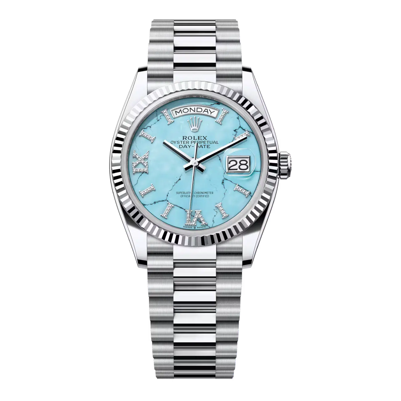 Rolex Day-Date 128236-0011 Platinum Turquoise Roman Dial Presidential Watch 2024