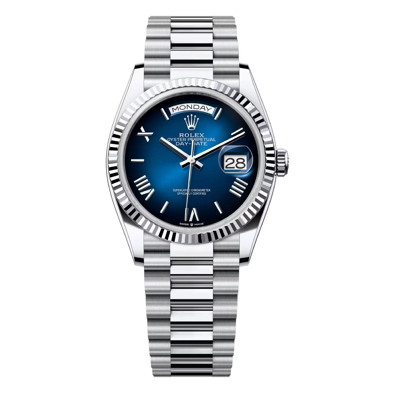 Rolex Day-Date 128236-0020 Platinum Blue Ombre Roman Dial Presidential Watch 2024