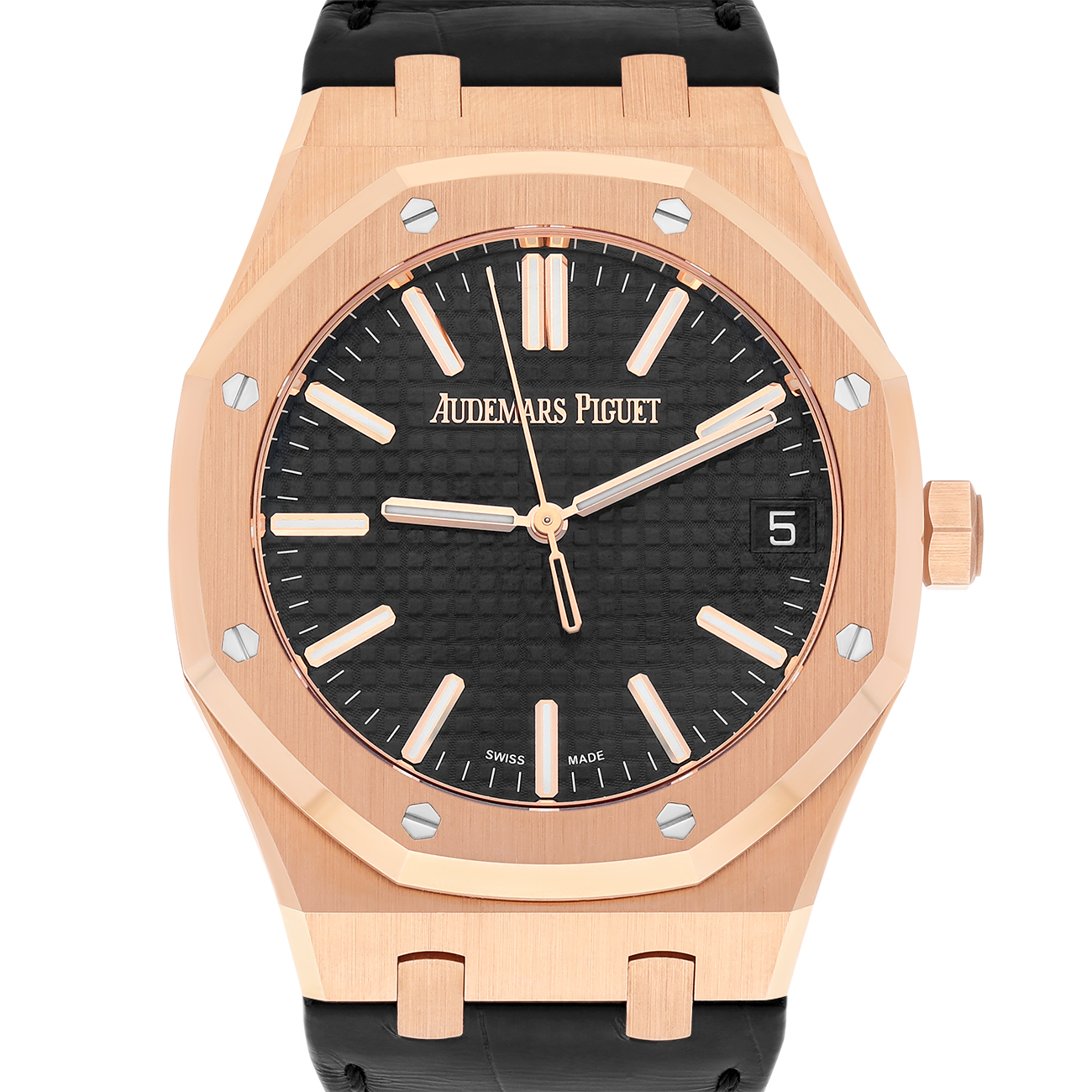 Audemars Piguet Royal Oak 15510OR.OO.D002CR.01 41mm Black Dial Leather Strap 18k Rose Gold Watch - 2024