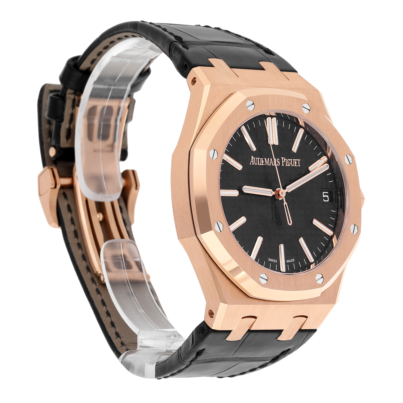 Audemars Piguet Royal Oak 15510OR.OO.D002CR.01 41mm Black Dial Leather Strap 18k Rose Gold Watch - 2024