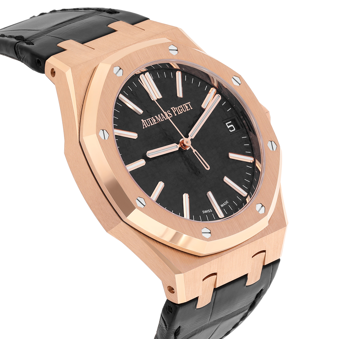 Audemars Piguet Royal Oak 15510OR.OO.D002CR.01 41mm Black Dial Leather Strap 18k Rose Gold Watch - 2024