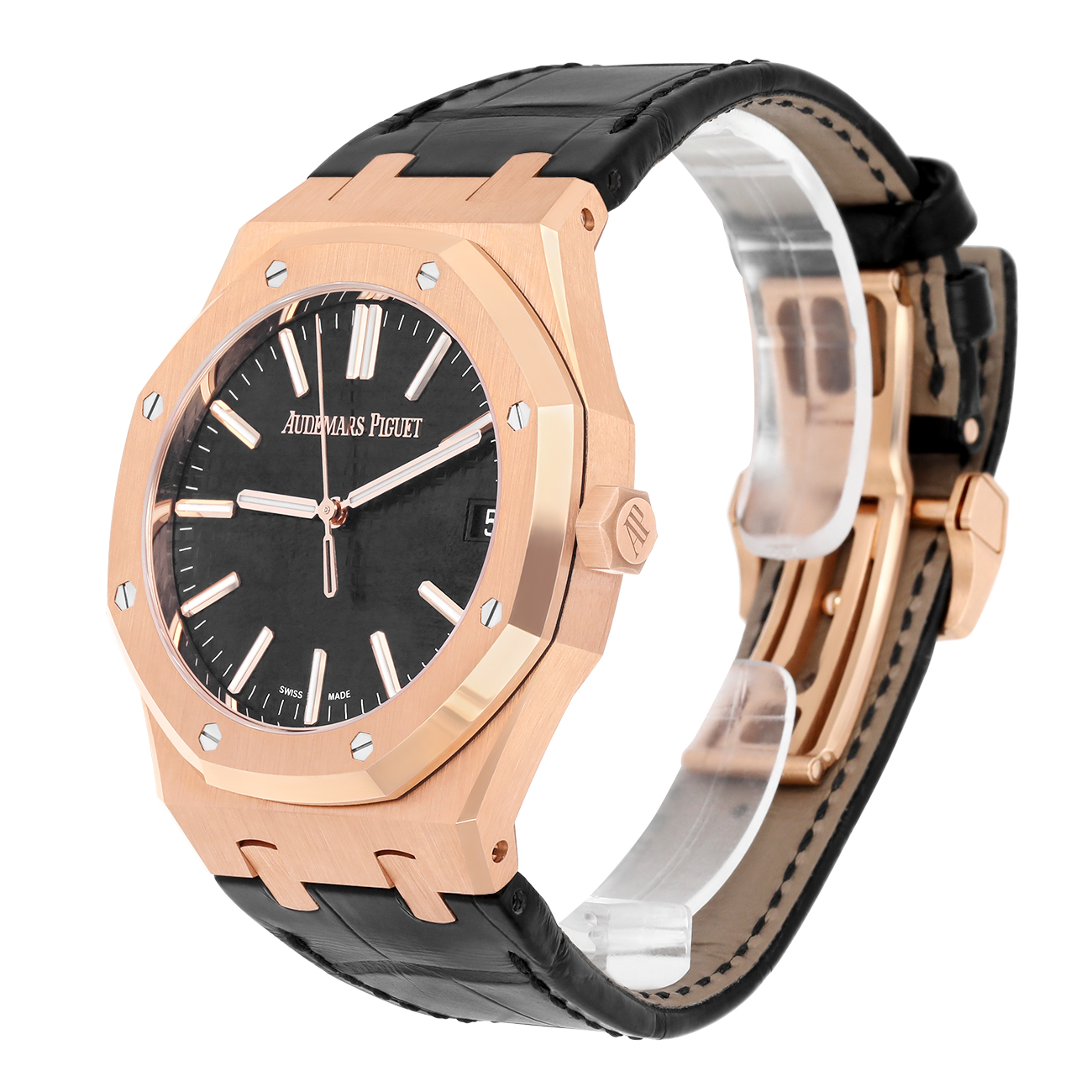 Audemars Piguet Royal Oak 15510OR.OO.D002CR.01 41mm Black Dial Leather Strap 18k Rose Gold Watch - 2024