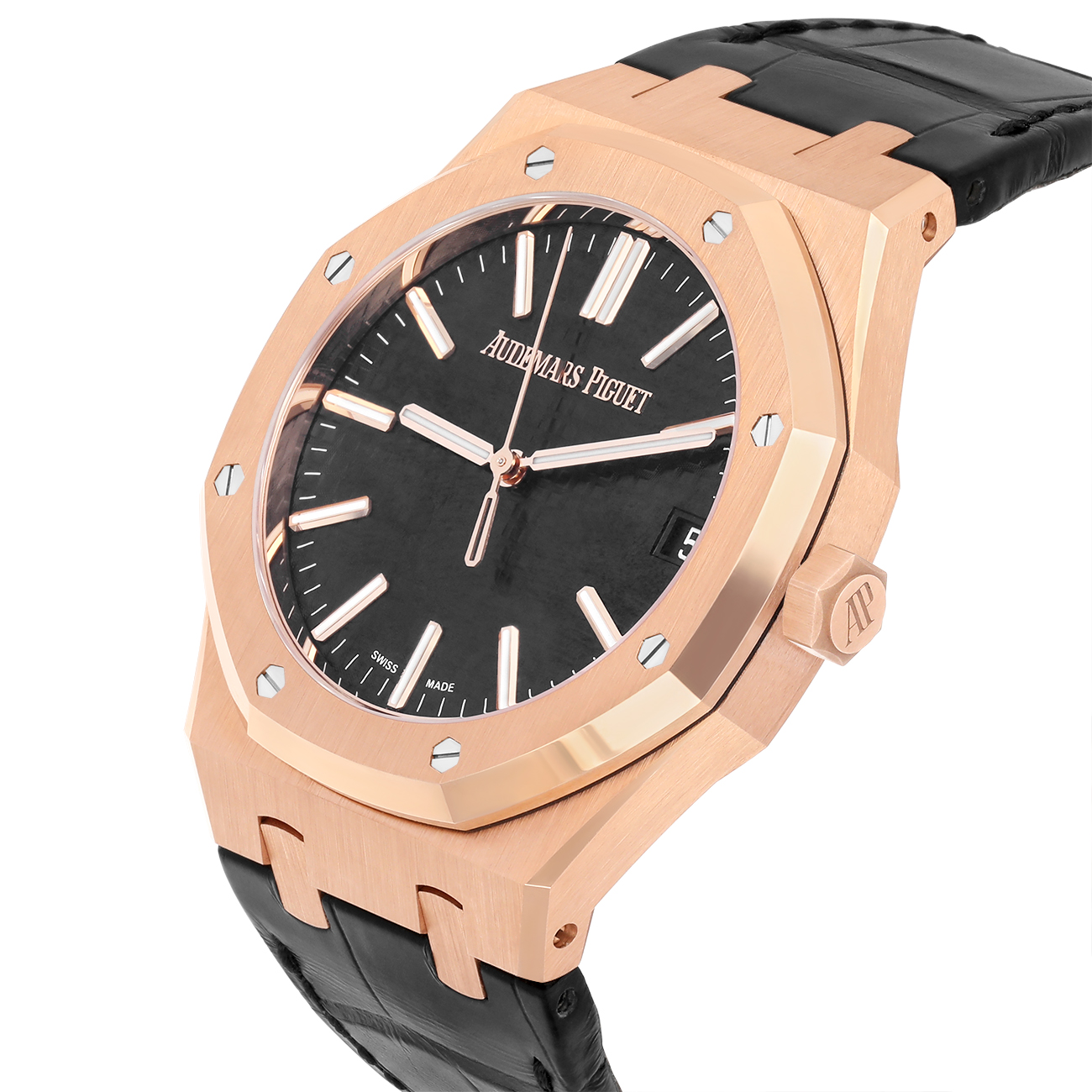 Audemars Piguet Royal Oak 15510OR.OO.D002CR.01 41mm Black Dial Leather Strap 18k Rose Gold Watch - 2024