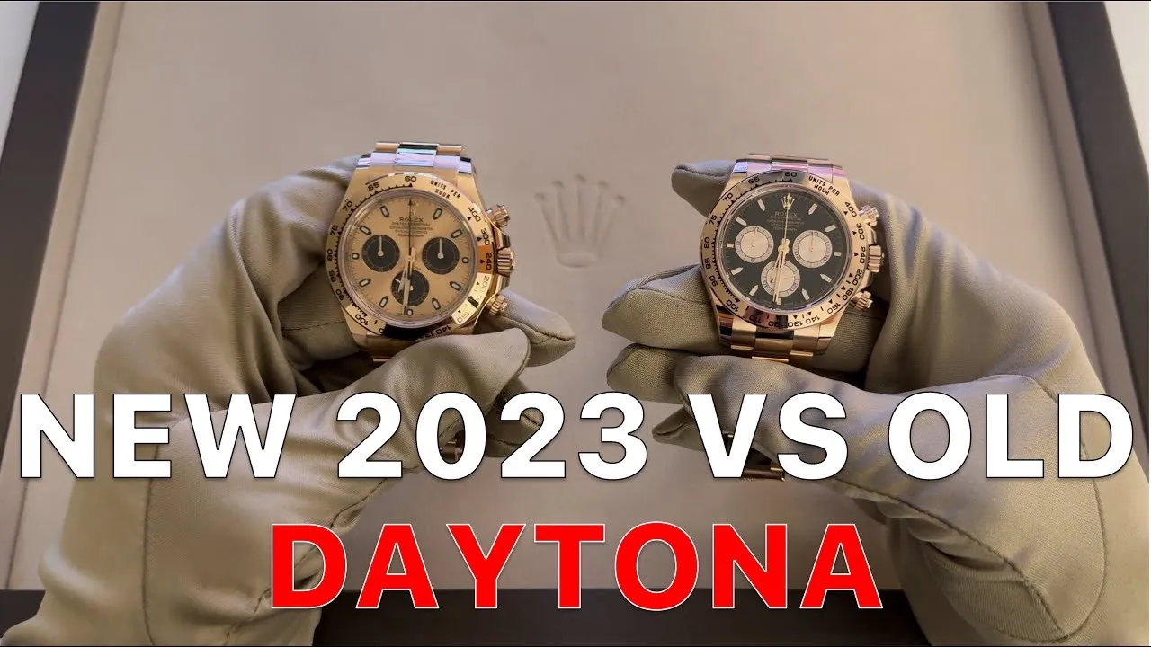 Gloved hands holding two Rolex Daytona watches side by side, comparing new 2023 and old models with contrasting dials.
