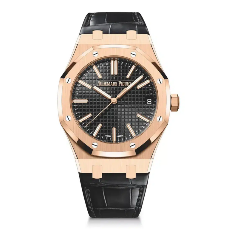 Audemars Piguet Royal Oak 15510OR.OO.D002CR.01 41mm Black Dial Leather Strap 18k Rose Gold Watch – 2024