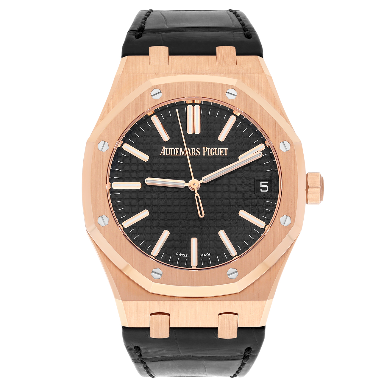 Audemars Piguet Royal Oak 15510OR.OO.D002CR.01 41mm Black Dial Leather Strap 18k Rose Gold Watch - 2024