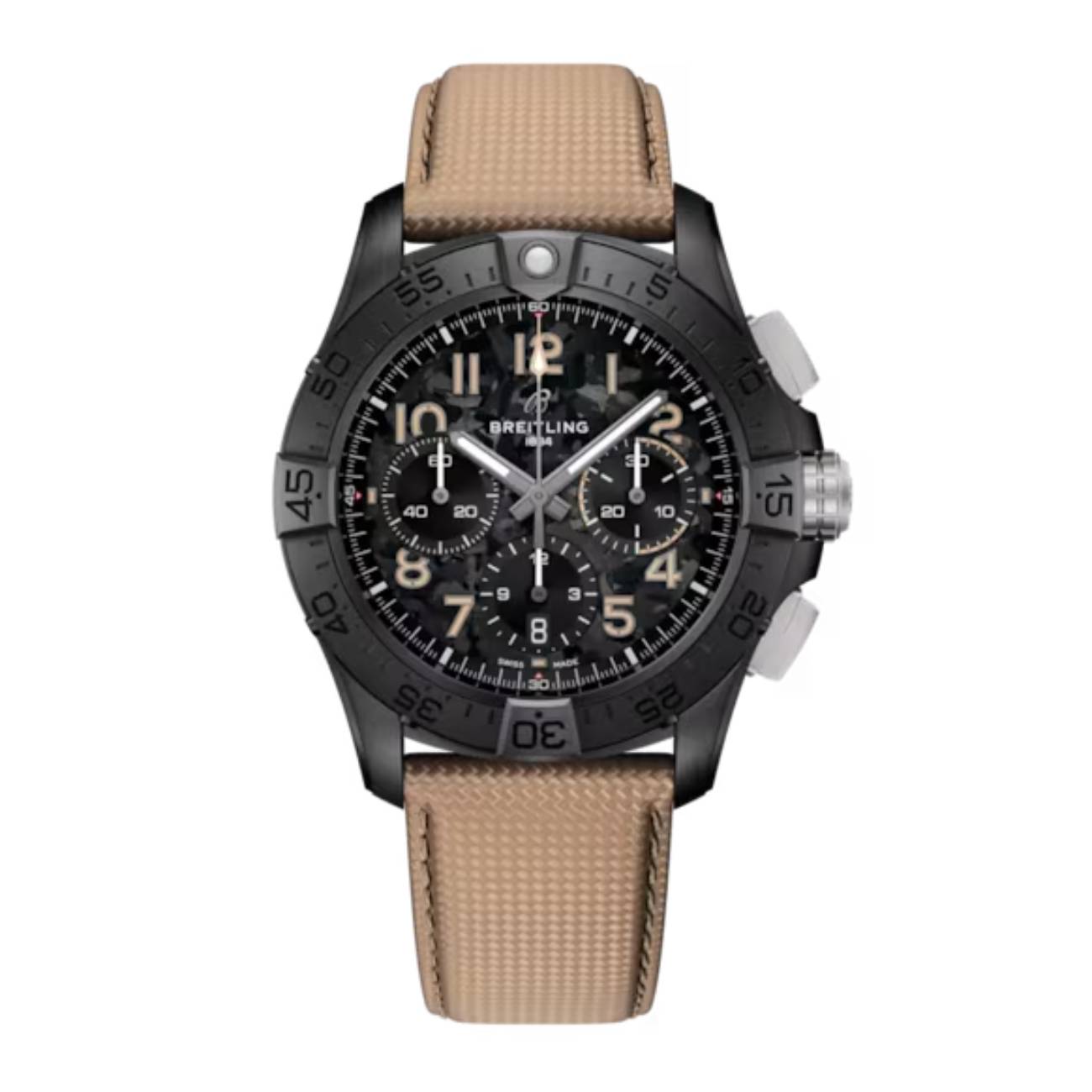 Breitling Avenger B01 Chronogragh Night Mission SB0146101B1X1 42mm Black Camoflage /Patterned Dial Unidirectional Rotating Bezel Ceramic with Sand Calfskin Leather Strap Watch