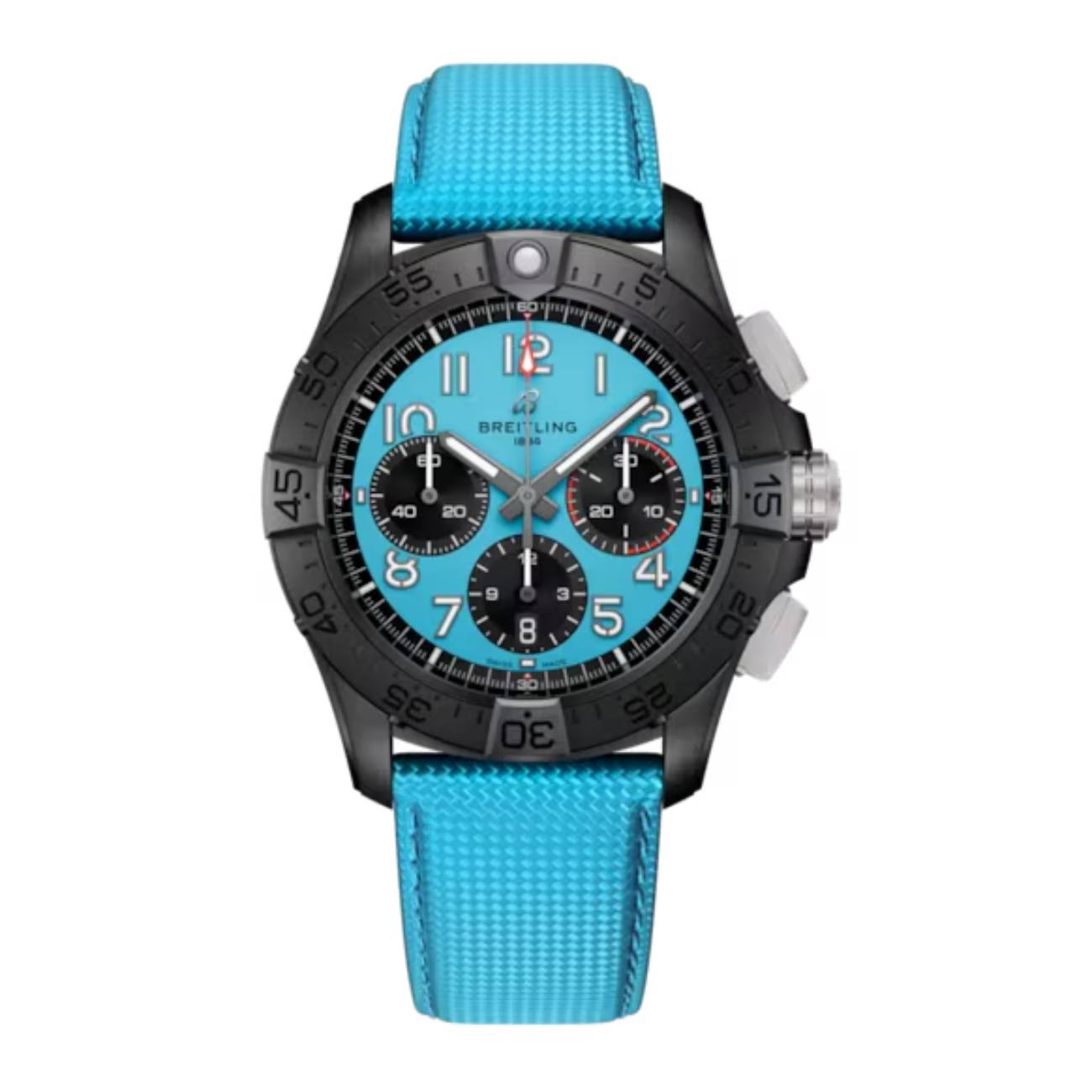 Breitling Avenger B01 Chronogragh Night Mission SB0146101L1X1 42mm Turquoise Dial Unidirectional Rotating Bezel Ceramic with Turquoise Calfskin Leather Strap Watch