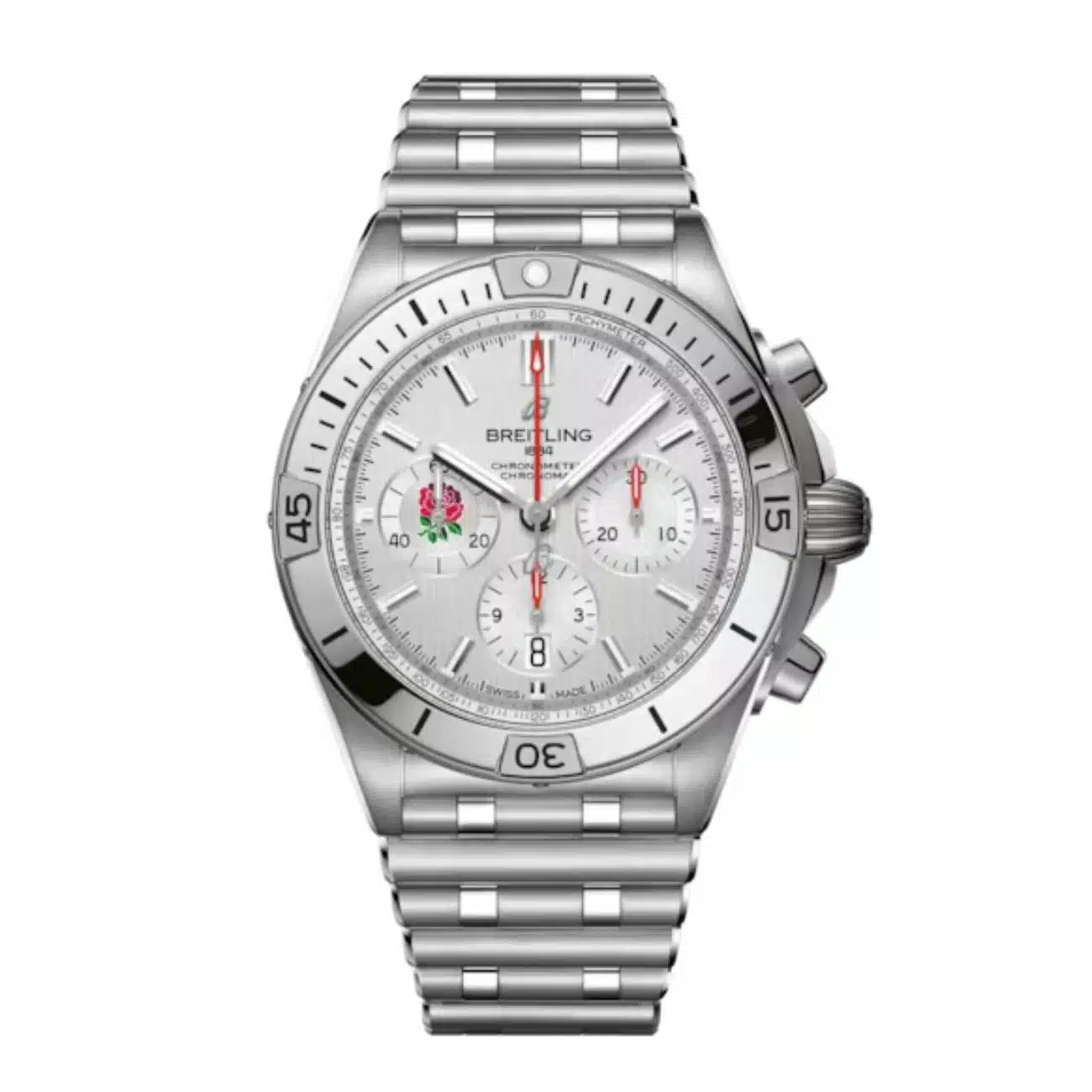 Breitling Chronomat B01 Six Nations England AB0134A71A1A1 42mm Silver Dial Unidirectional, Ratcheted Rotating Bezel Stainless Steel and Silver Bracelet Watch
