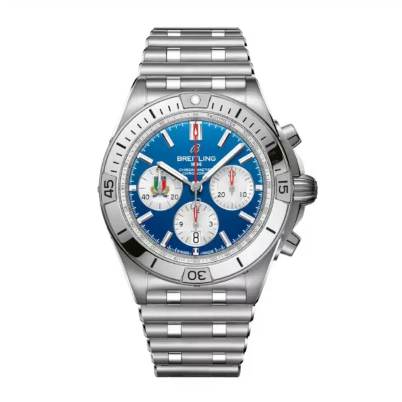 Breitling Chronomat B01 Six Nations Italy AB0134A41C1A1 42mm Blue Dial Unidirectional, Ratcheted Rotating Bezel Stainless Steel and Silver Bracelet Watch