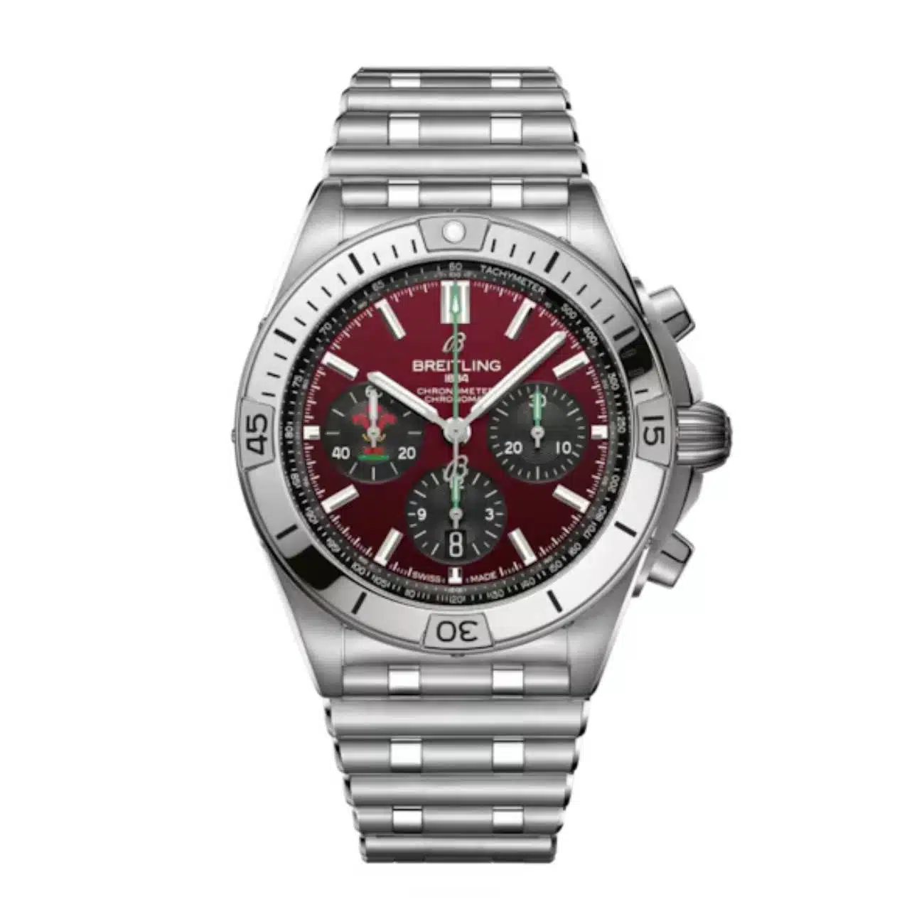 Breitling Chronomat B01 Six Nations Wales AB0134A61K1A1 42mm Red Dial Unidirectional, Ratcheted Rotating Bezel Stainless Steel and Silver Bracelet Watch