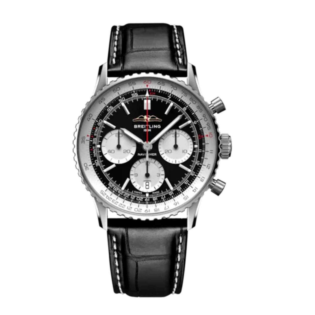 Breitling Navitimer B01 Chronograph AB0139211B1P1 41mm Black Dial Bidirectional Rotating Bezel Stainless Steel with Black Alligator Leather Strap Watch