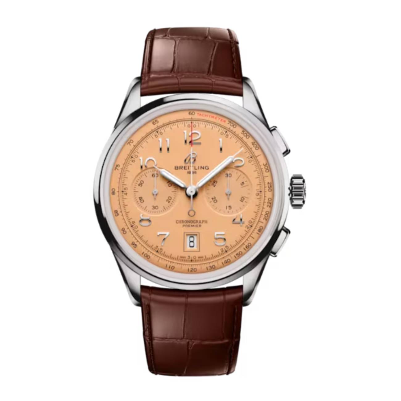 Breitling Premier B01 Chronograph AB0145331K1P2 42mm Salmon Dial Fixed Bezel Stainless Steel with Brown Alligator Leather Strap Watch