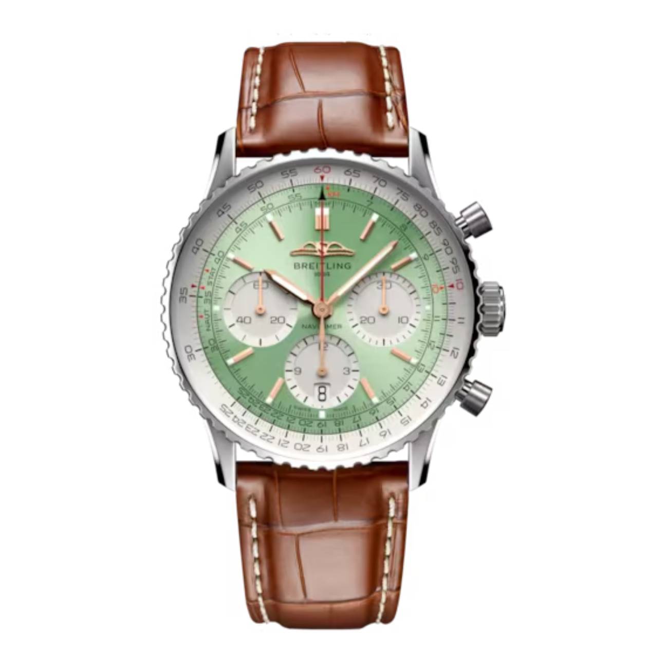 Breitling Super Navitimer B01 Chronograph AB0139211L1P1 41mm Mint Green Dial Bidirectional Rotating Bezel Stainless Steel with Gold Brown Alligator Leather Strap Watch