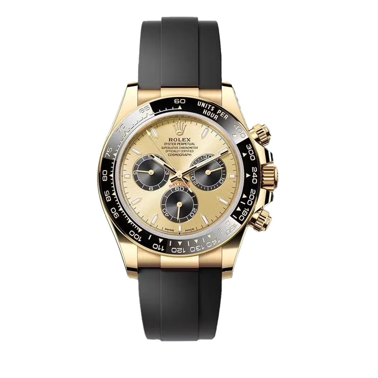 Rolex Cosmograph Daytona 126518LN-0012 "Pikachu" Black Cerachrom Bezel Champagne Index Dial Oysterflex Strap Yellow Gold Watch 2024