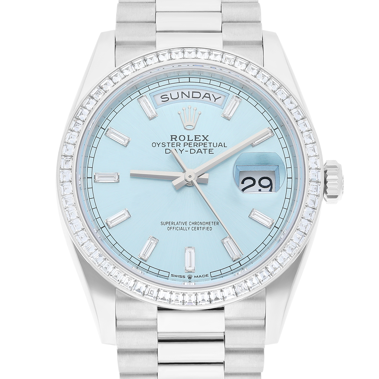 Rolex Day-Date M128396TBR-0003 36mm Platinum with Baguette Bezel Ice Blue Diamond Dial 2025