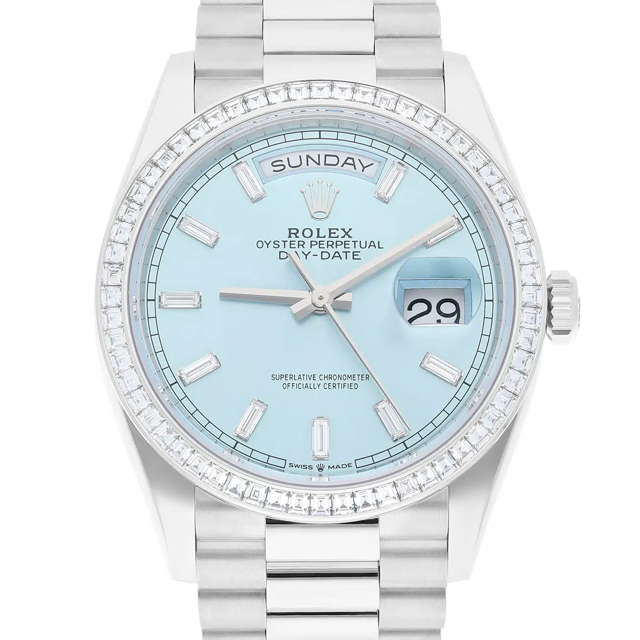 Rolex Day-Date M128396TBR-0003 36mm Platinum with Baguette Bezel Ice Blue Diamond Dial 2025 – image 3