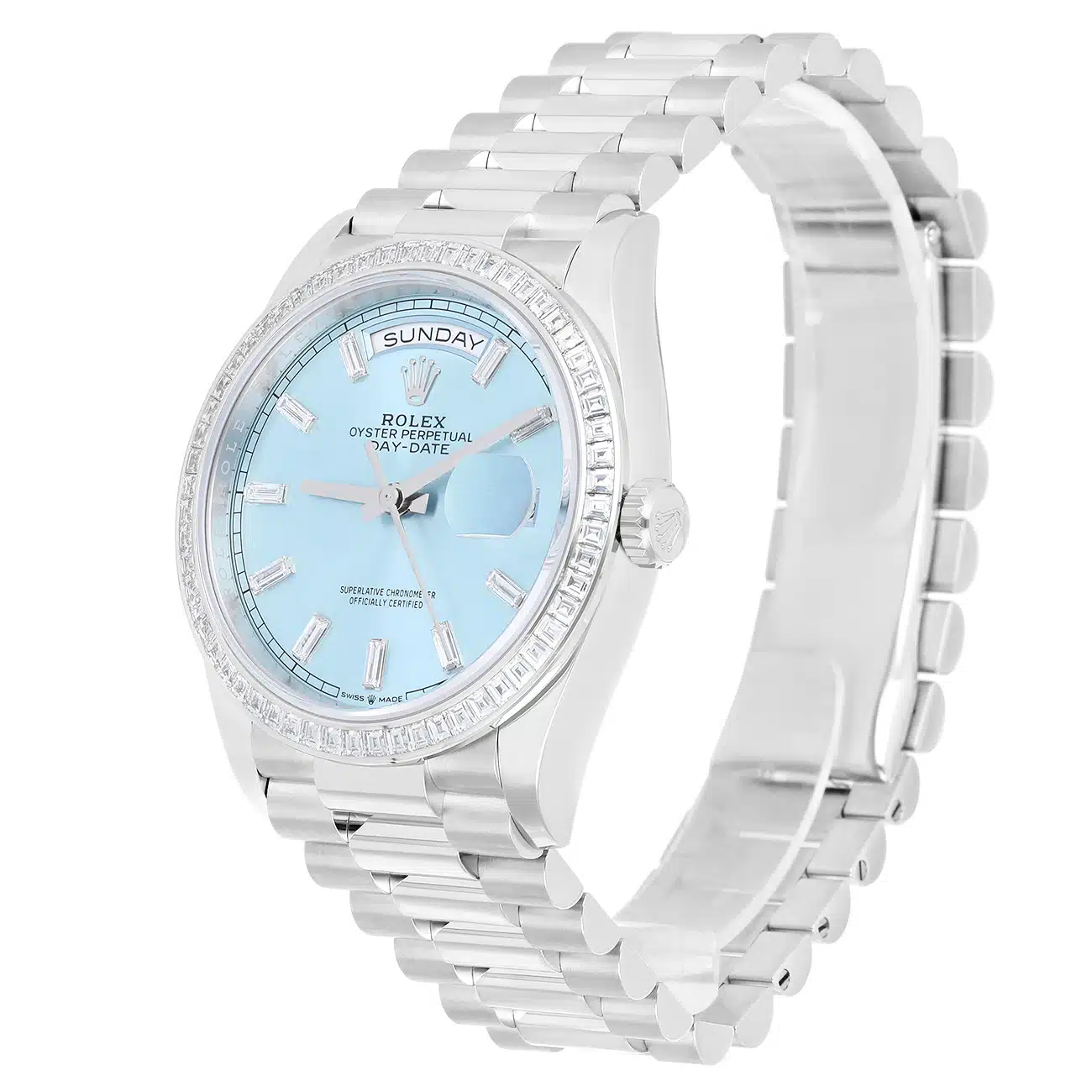 Rolex Day-Date M128396TBR-0003 36mm Platinum with Baguette Bezel Ice Blue Diamond Dial 2025 – image 6