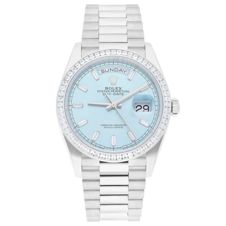 Rolex Day-Date M128396TBR-0003 36mm Platinum with Baguette Bezel Ice Blue Diamond Dial 2025 – alternate view