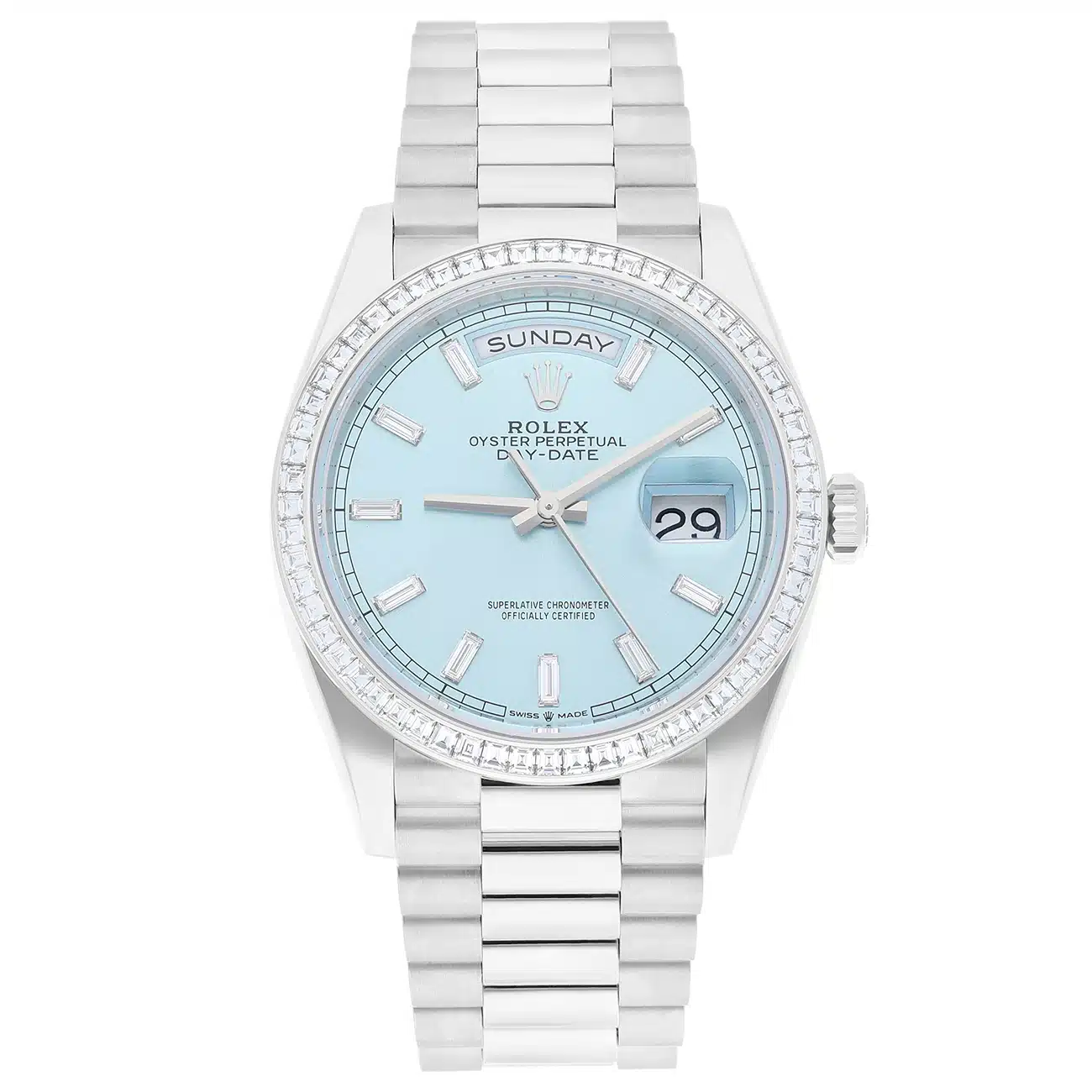 Rolex Day-Date M128396TBR-0003 36mm Platinum with Baguette Bezel Ice Blue Diamond Dial 2025 – image 2