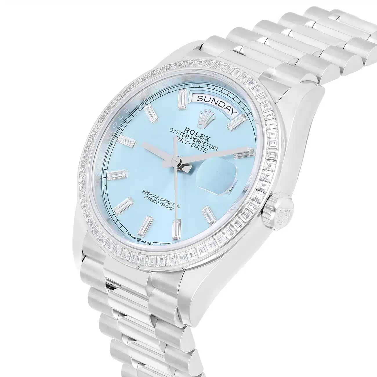 Rolex Day-Date M128396TBR-0003 36mm Platinum with Baguette Bezel Ice Blue Diamond Dial 2025 – image 7