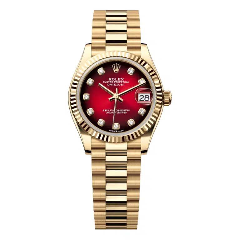 Rolex Datejust 278278-0049 Yellow Gold President Bracelet Red Ombre Diamond Dial Fluted Bezel