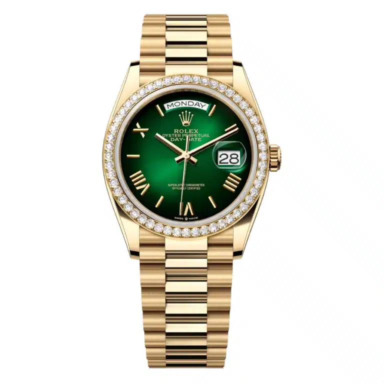 Rolex Day-Date 128348RBR-0068 Yellow Gold with Diamond Bezel & Green Roman Dial