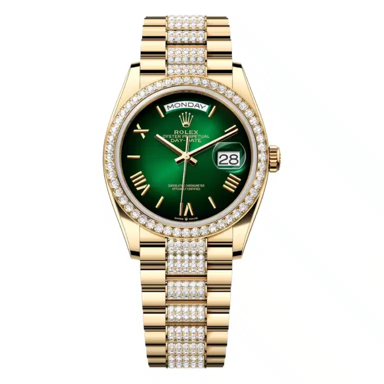 Rolex Day-Date 128348RBR-0069 36mm Yellow Gold with Diamond Bezel & Green ombre Roman Dial 2024
