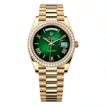 Rolex Day Date 228348TBR-0045 Baguette Bezel Yellow Gold Watch Green Ombre Roman Dial 2024