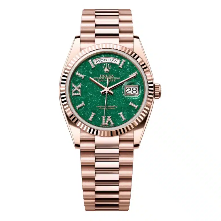 Rolex Day-Date 128235-0068 36mm Rose Gold Watch Green Aventurine Roman Dial