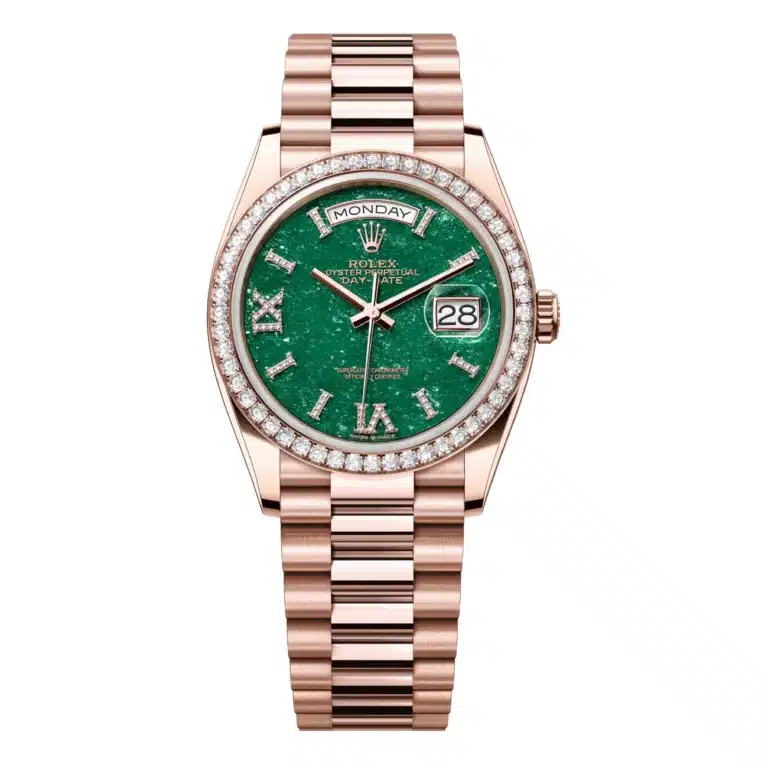 Rolex Day-Date 128345rbr-0068 36mm Green Aventurine Dial Rose Gold with Diamond Bezel