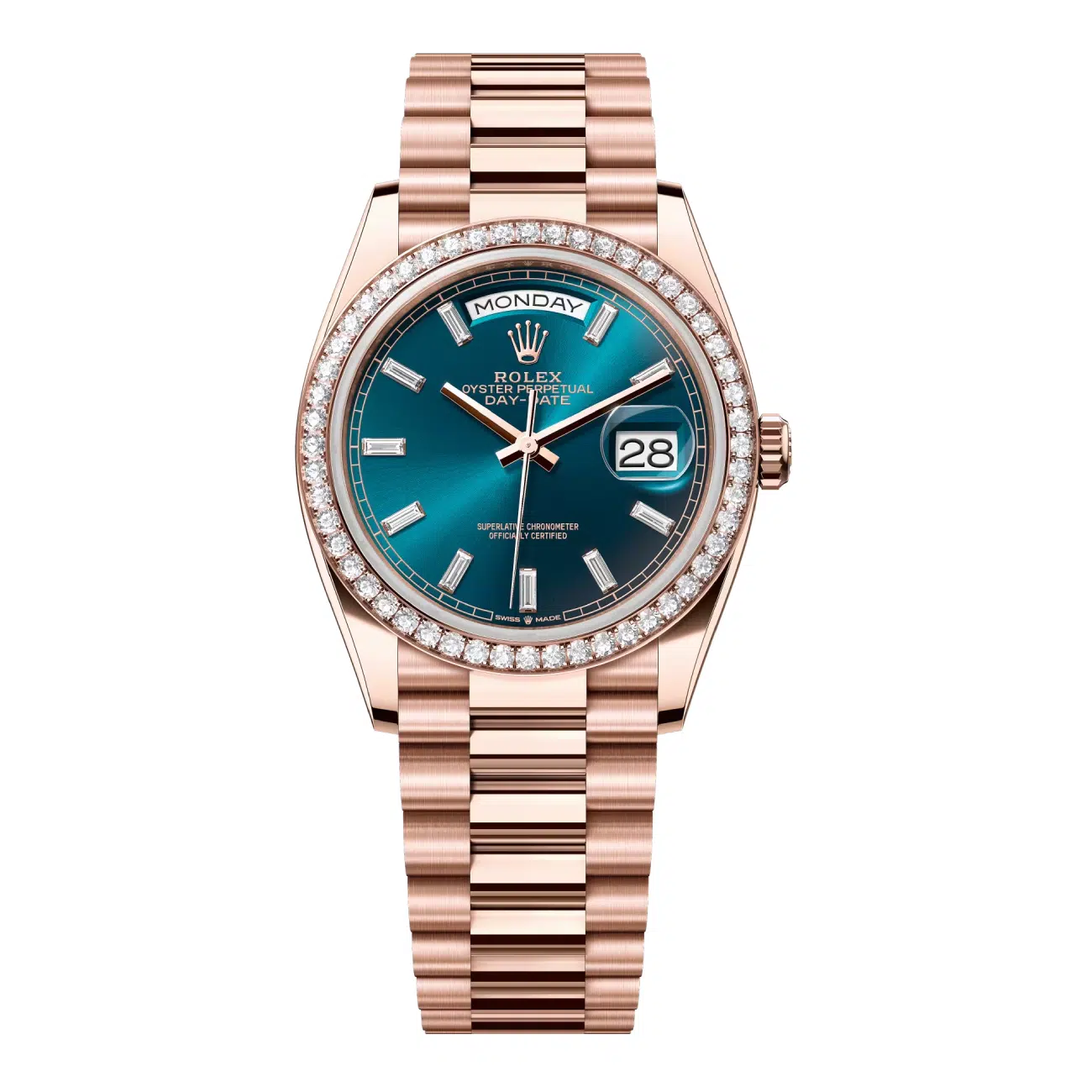 Rolex Day-Date 128345rbr-0083 36mm Blue-green Dial Rose Gold with Diamond Bezel Watch 2024