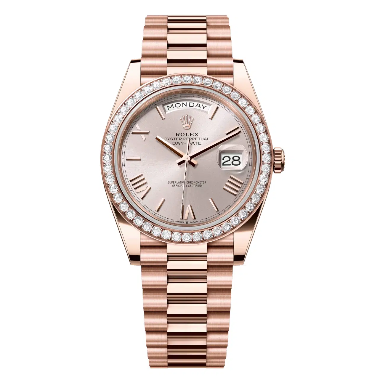 Rolex Day-Date 40mm 228345rbr-0008 Sundust Dial Rose Gold Diamond Set Bezel Watch  2024