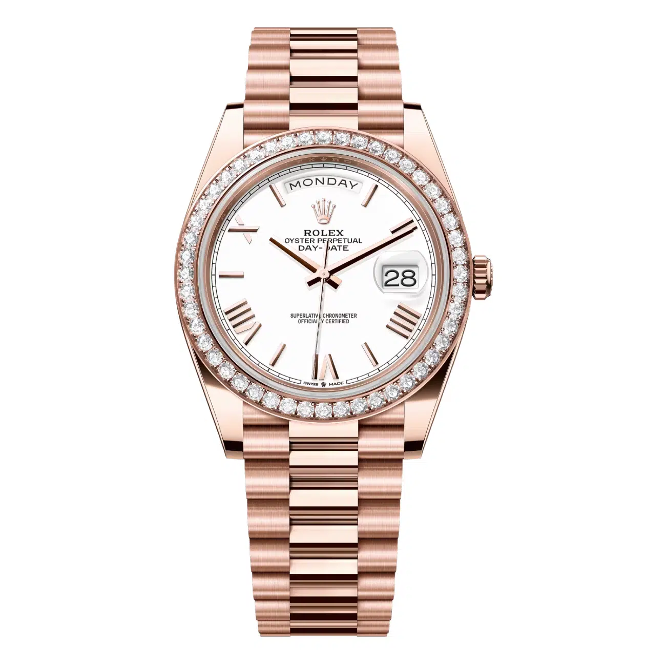 Rolex Day-Date 40mm 228345rbr-0012 White Dial Rose Gold Diamond Bezel Watch  2024