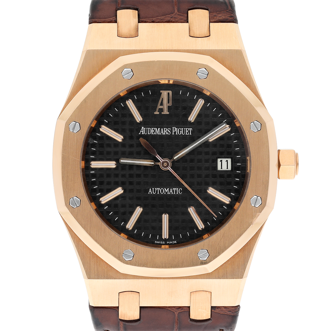 Audemars Piguet Royal Oak 15300OR.OO.D088CR.02 39mm Black Dial Brown Leather Strap Rose Gold Watch 2007