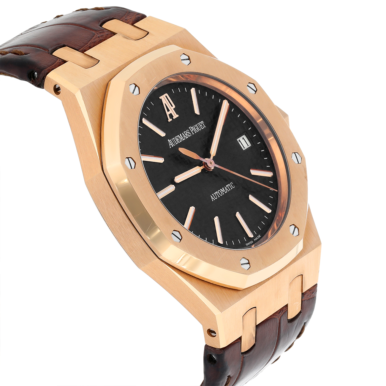 Audemars Piguet Royal Oak 15300OR.OO.D088CR.02 39mm Black Dial Brown Leather Strap Rose Gold Watch 2007