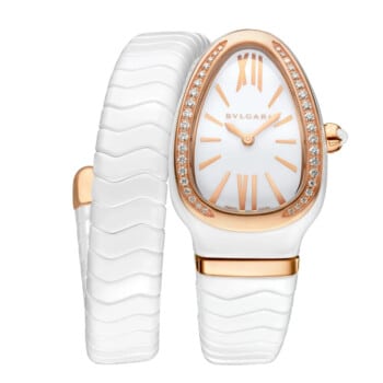 Bvlgari Serpenti Spiga 102613 35mm White Dial 18k Rose Gold Diamond bezel Ceramic & Gold Watch