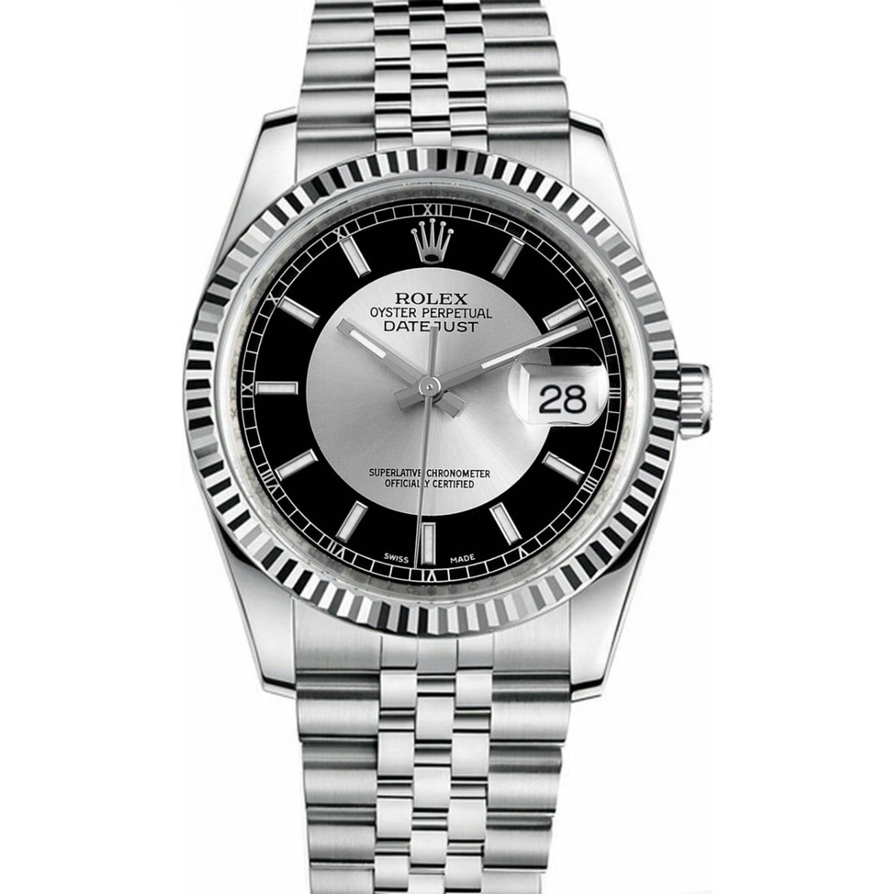 Rolex Datejust 36mm Steel & White Gold Men's Watch Black Tuxedo Dial Jubilee Bracelet 116234
