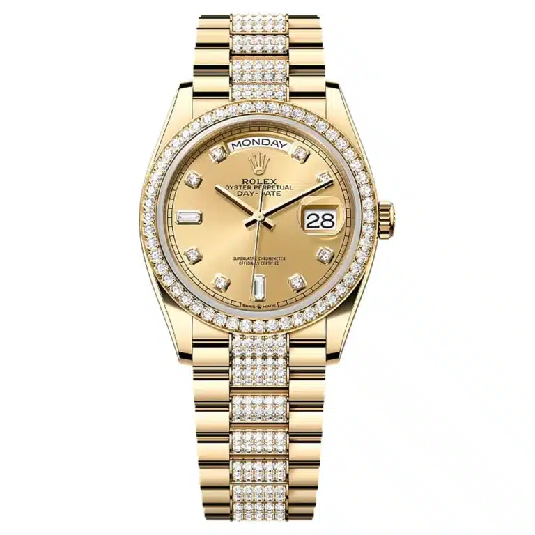 Rolex Day-Date 36mm 128348RBR-0010 Yellow Gold Diamond Bezel Champagne Diamond Dial