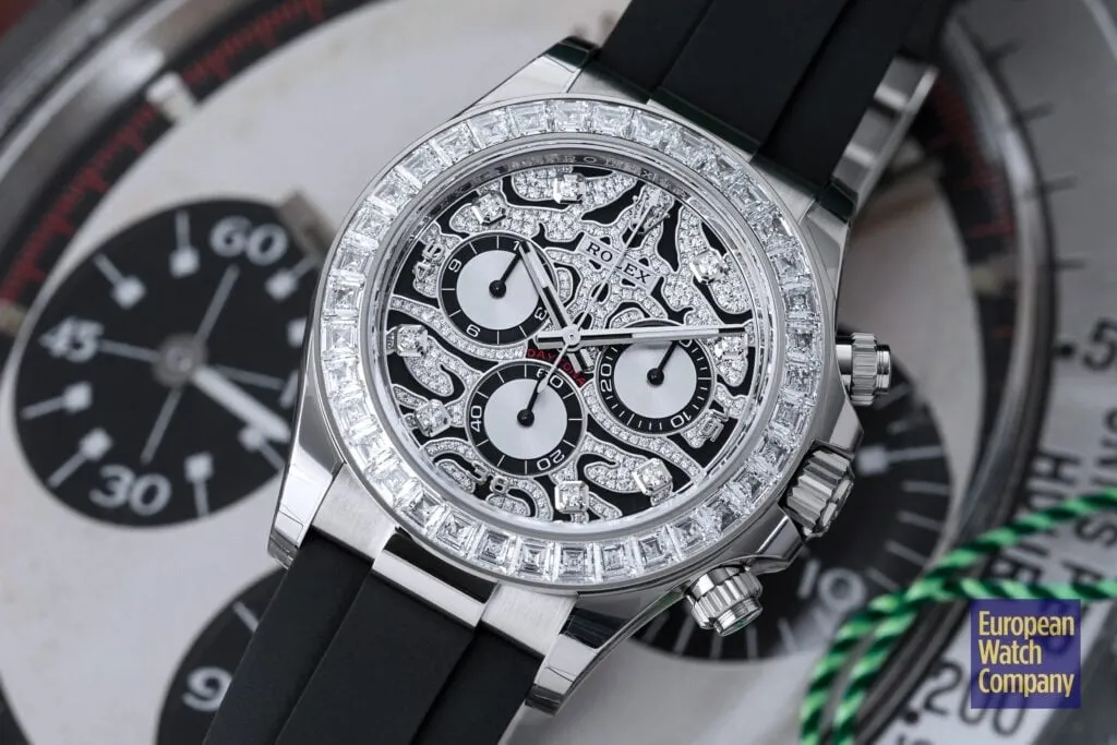 Close-up of a Rolex Daytona 116589TBR “Eye of the Tiger” watch with diamond bezel and intricate black and diamond dial.