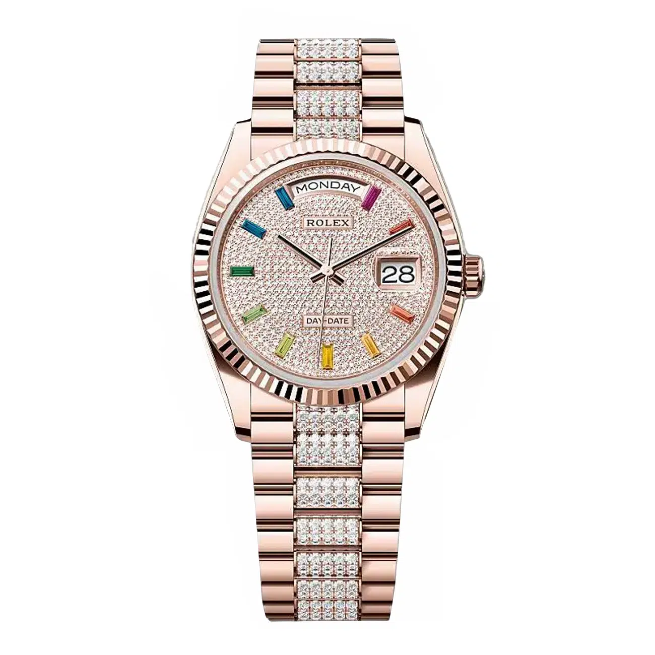 Rolex Day-Date 36 128235-0040 Pave Rainbow Diamond Dial Gold & Diamonds President Bracelet Rose Gold Watch