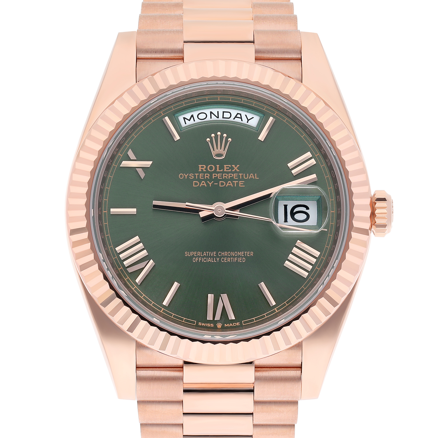 Rolex Day-Date 228235-0025 40 Fluted Bezel Green Bevelled Roman Dial President Bracelet Rose Gold Watch 2025 - Image 3
