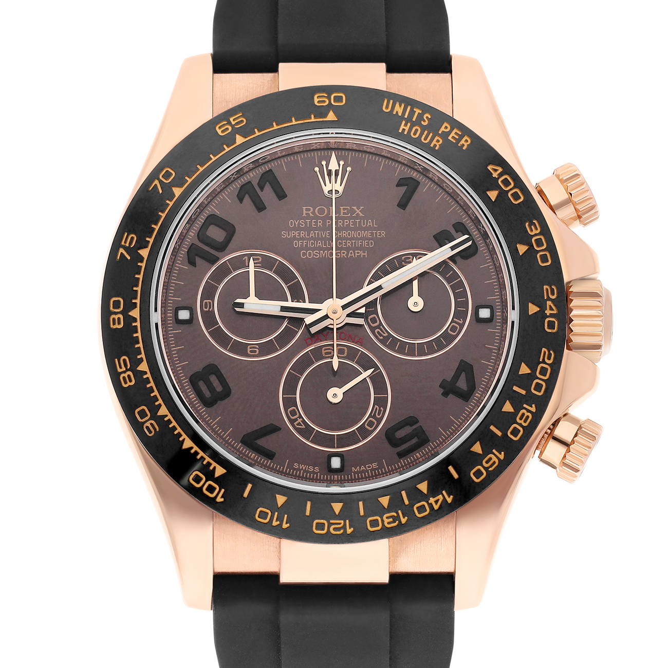 Rolex Cosmograph Daytona 116515ln-0015 40mm Chocolate Arabic Dial Black Rubber Strap Rose Gold Watch