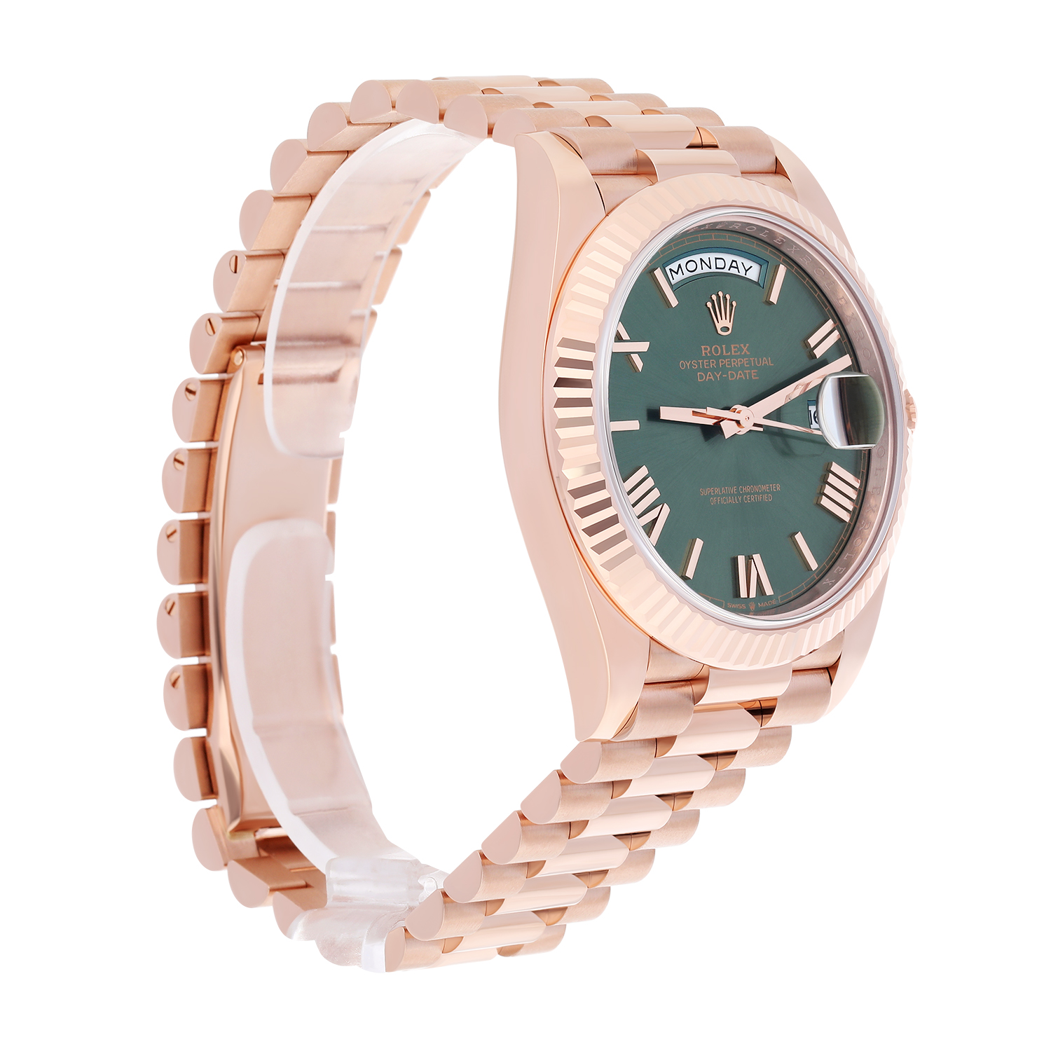 Rolex Day-Date 228235-0025 40 Fluted Bezel Green Bevelled Roman Dial President Bracelet Rose Gold Watch 2025 - Image 7