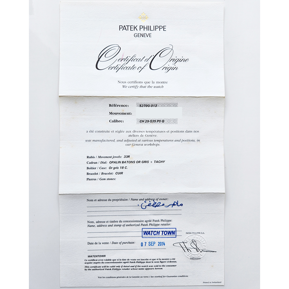 Patek Philippe Grand Complications 5270G-013 41mm Chronograph Perpetual Calendar White Dial Leather Strap White Gold Watch