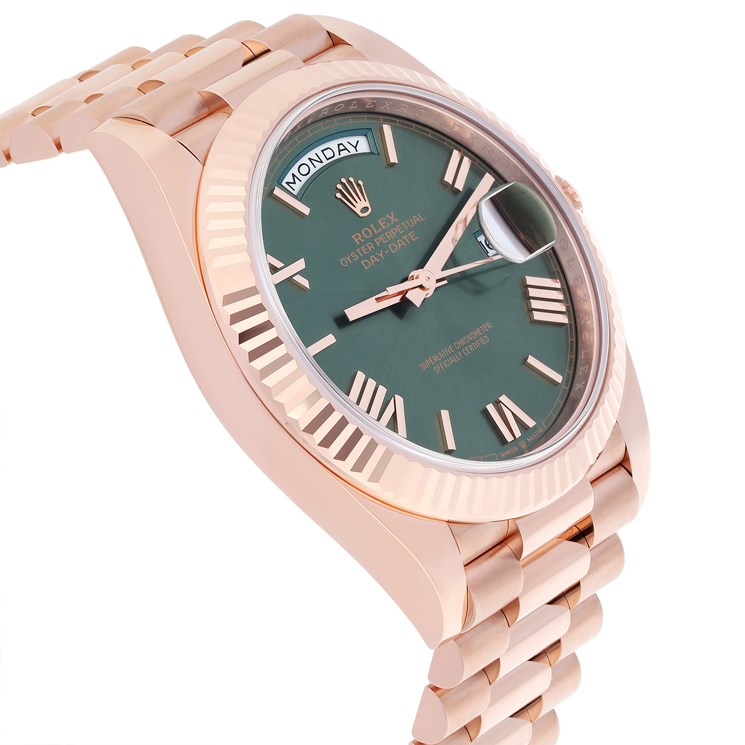 Rolex Day-Date 228235-0025 40 Fluted Bezel Green Bevelled Roman Dial President Bracelet Rose Gold Watch 2025 - Image 6