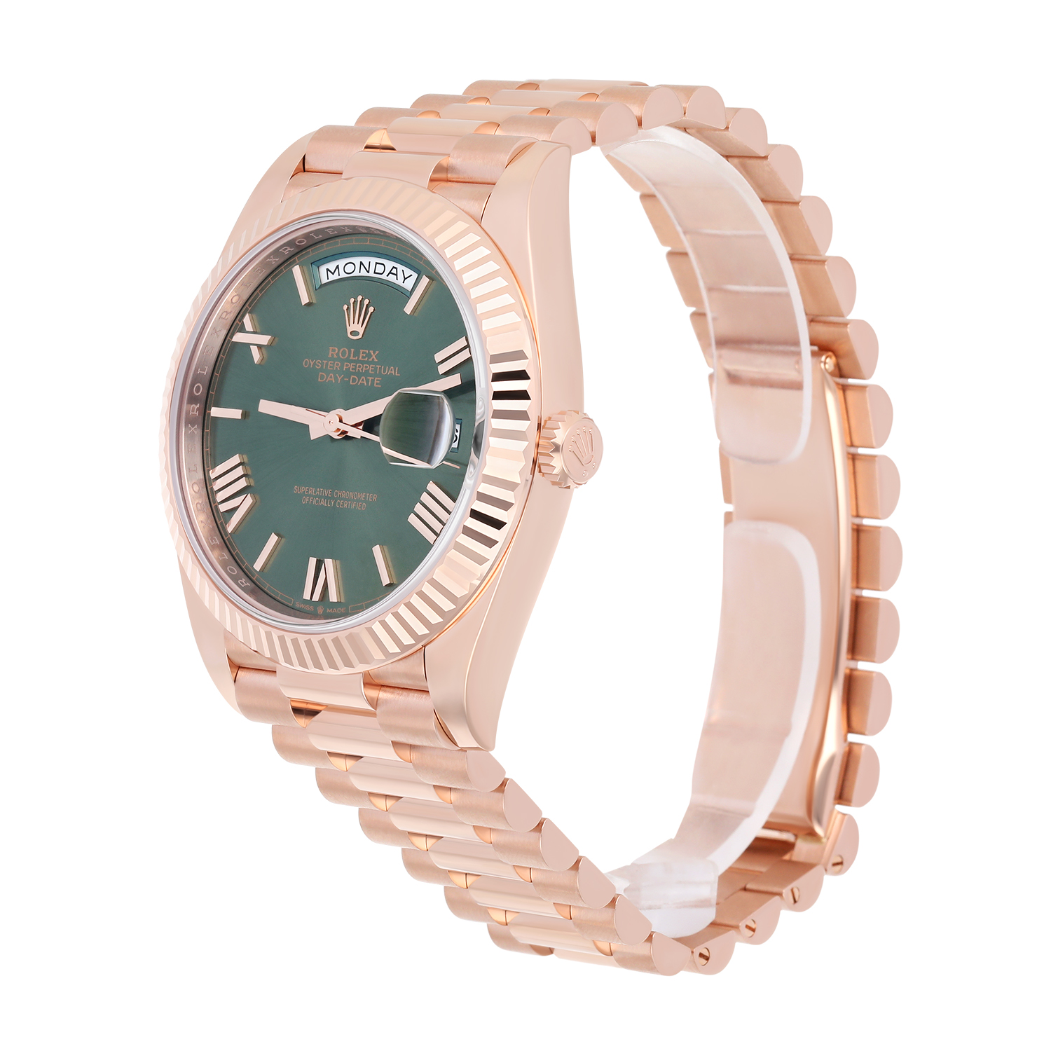 Rolex Day-Date 228235-0025 40 Fluted Bezel Green Bevelled Roman Dial President Bracelet Rose Gold Watch 2025 - Image 5
