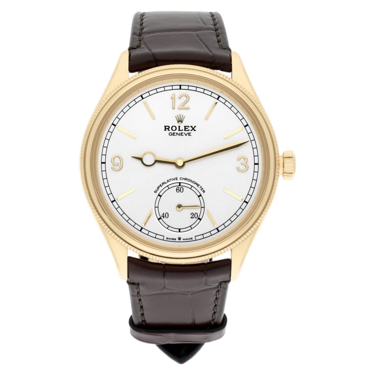 Rolex 1908 52508-0006 Fluted Bezel White Index Arabic Dial Brown Strap Yellow Gold Watch – alternate view