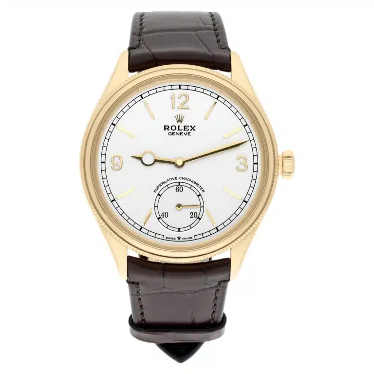 Rolex 1908 52508-0006 Fluted Bezel White Index Arabic Dial Brown Strap Yellow Gold Watch – image 2